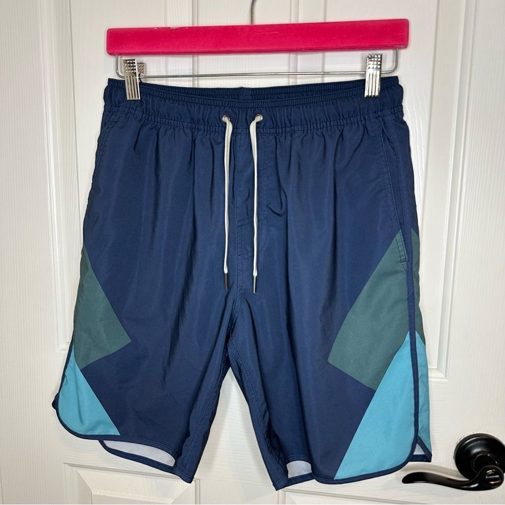 Fair Harbor Navy Blue Teal Geometric Anchor 8” Inseam Swim Trunk Sz M Beach Pool